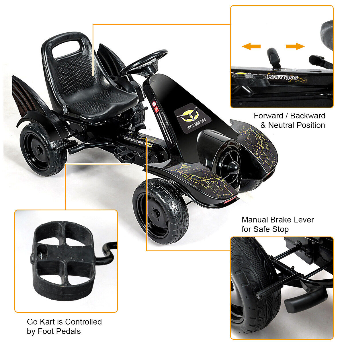 Pedal Powered Go Kart for Kids with Clutch & Hand Brake - 4 Wheel Racer Toy