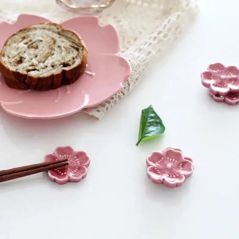 Pink and green ceramic sakura chopstick rest dining room decor