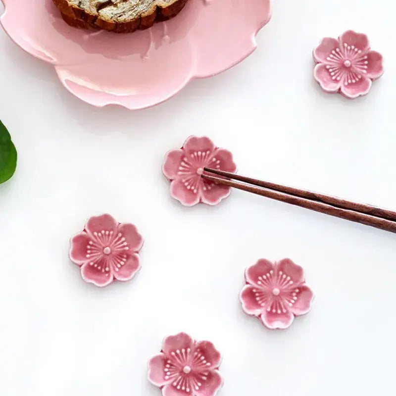 Pink and green ceramic sakura chopstick rest dining room decor