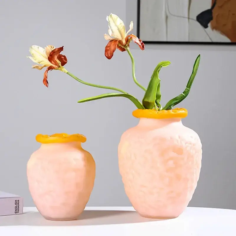 Pink and yellow textured colorful frosted glass vase living room decor