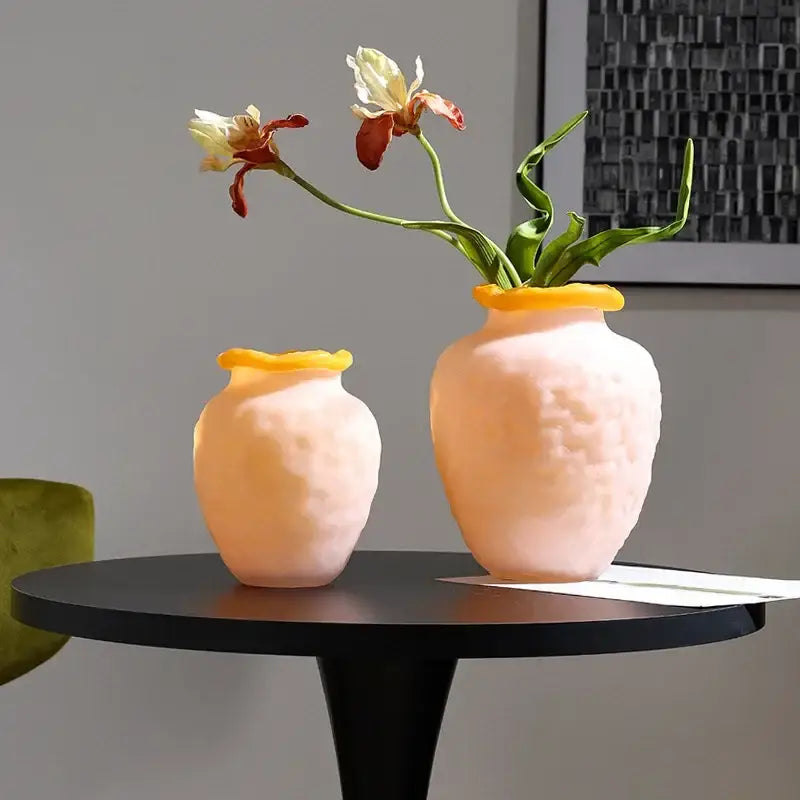 Pink and yellow textured colorful frosted glass vase living room decor