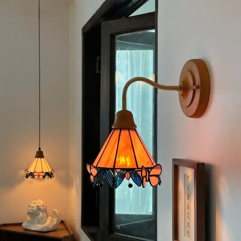 Pink butterfly glass led wall sconce bedroom brass light
