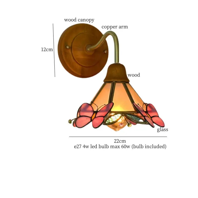 Pink butterfly glass led wall sconce bedroom brass light