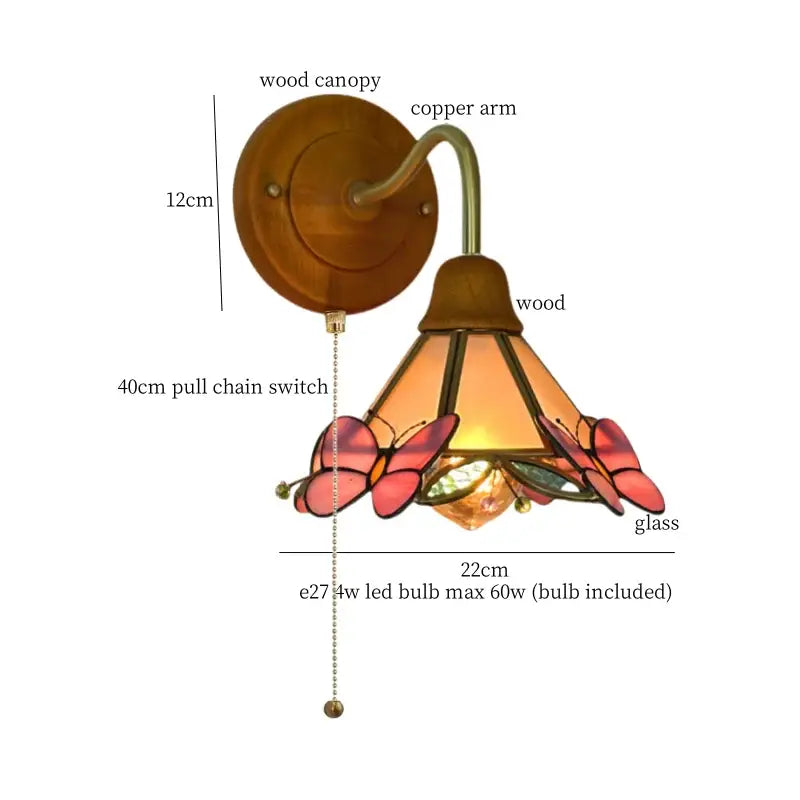 Pink butterfly glass led wall sconce bedroom brass light