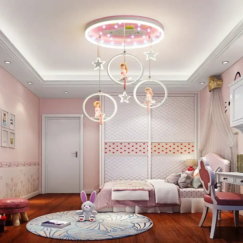 Pink cartoon princess kids room chandelier with led ring and dolls