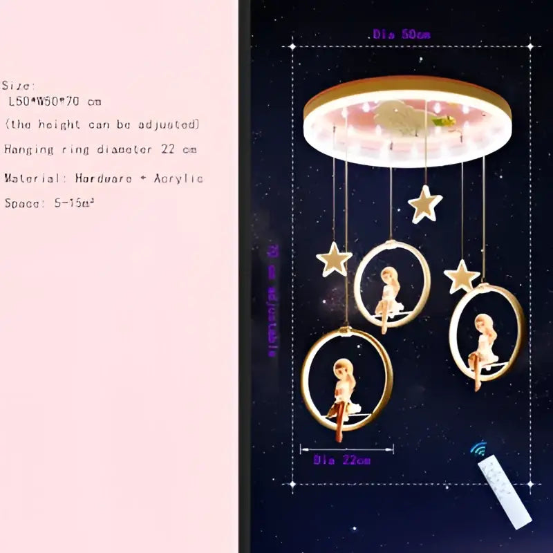 Pink cartoon princess kids room chandelier with led ring and dolls