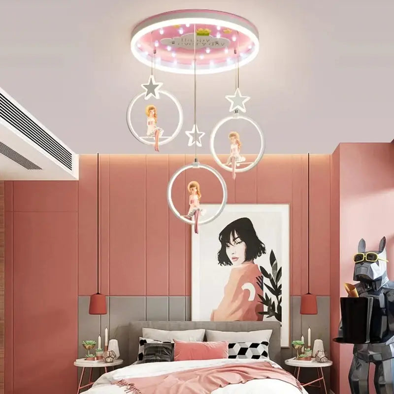 Pink cartoon princess kids room chandelier with led ring and dolls
