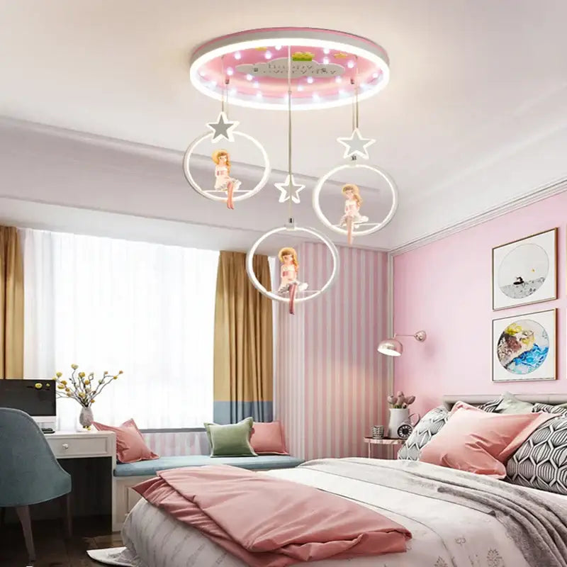 Pink cartoon princess kids room chandelier with led ring and dolls