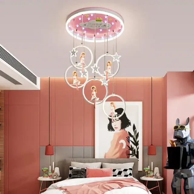 Pink cartoon princess kids room chandelier with led ring and dolls