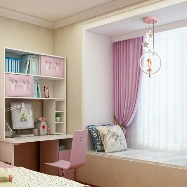 Pink cartoon princess kids room chandelier with led ring and dolls