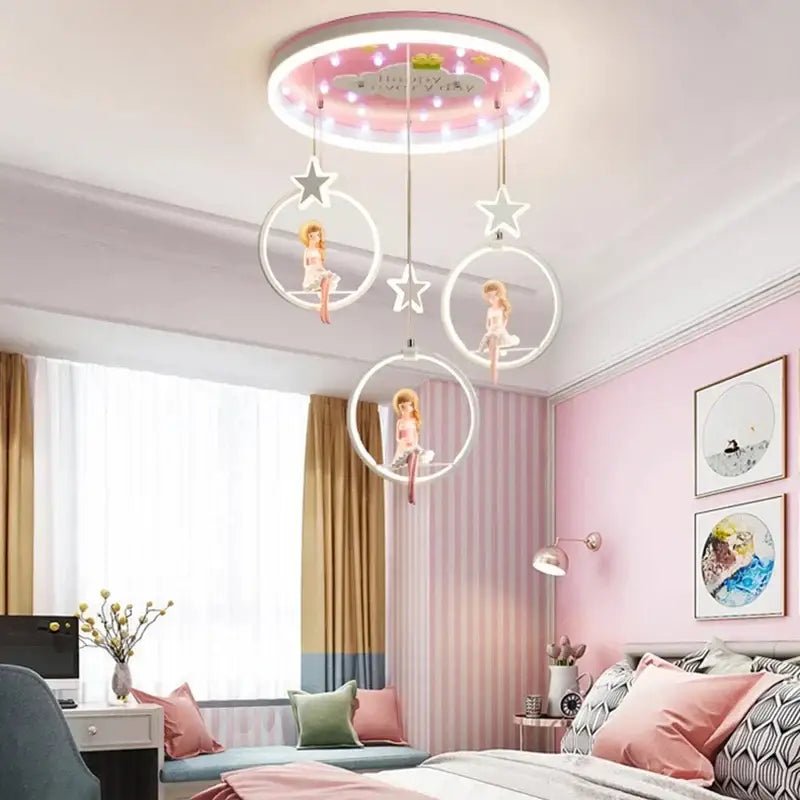Pink cartoon princess kids room chandelier with led ring and dolls