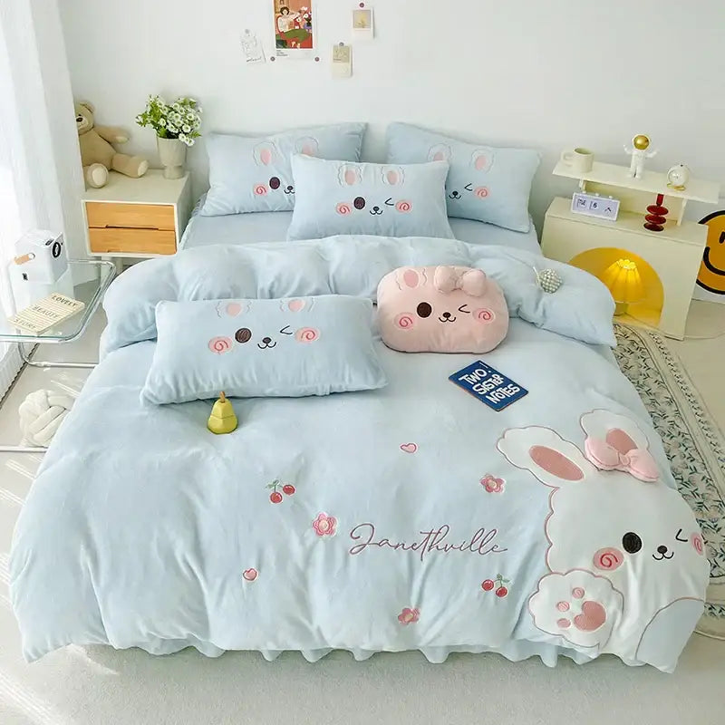 Pink cartoon rabbit applique bedding set for bedroom comfort