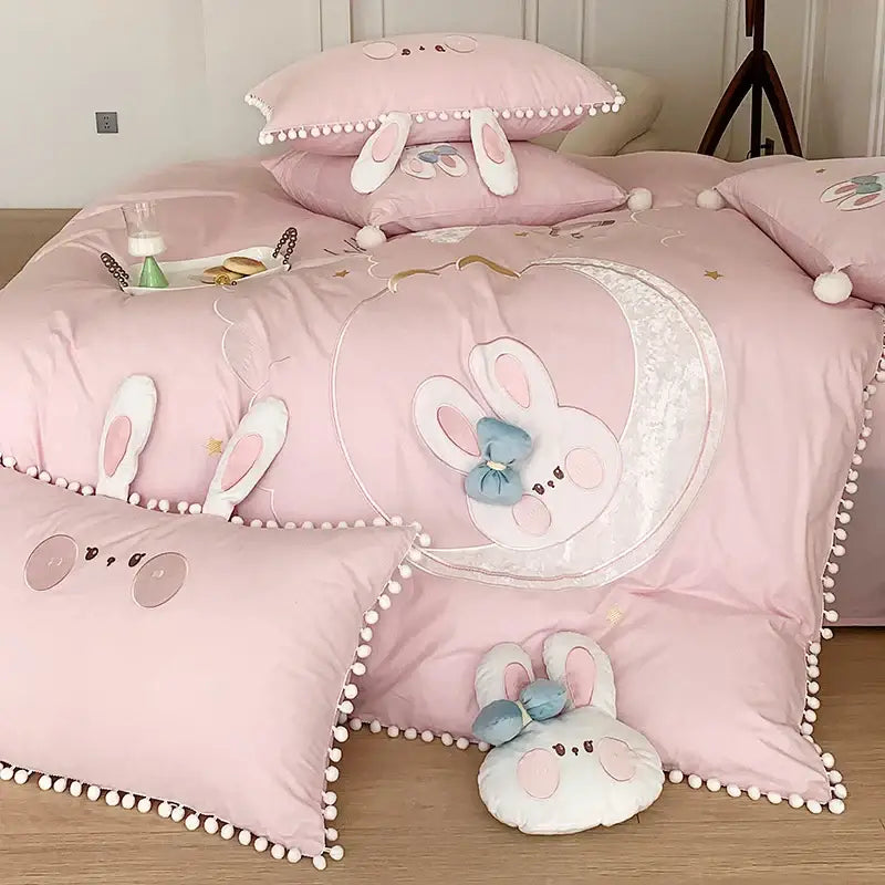 Pink cartoon rabbit moon cotton bedding set bedroom pom pom trim