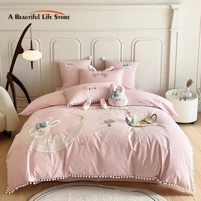 Pink cartoon rabbit moon cotton bedding set bedroom pom pom trim