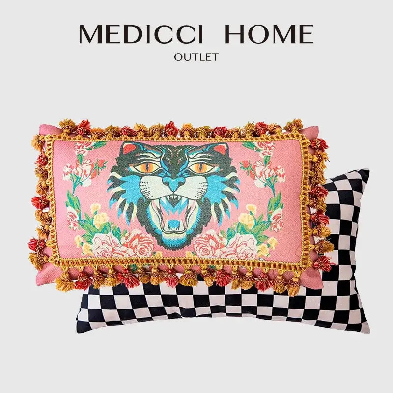 Pink cat print velvet throw pillow case with tassels living room