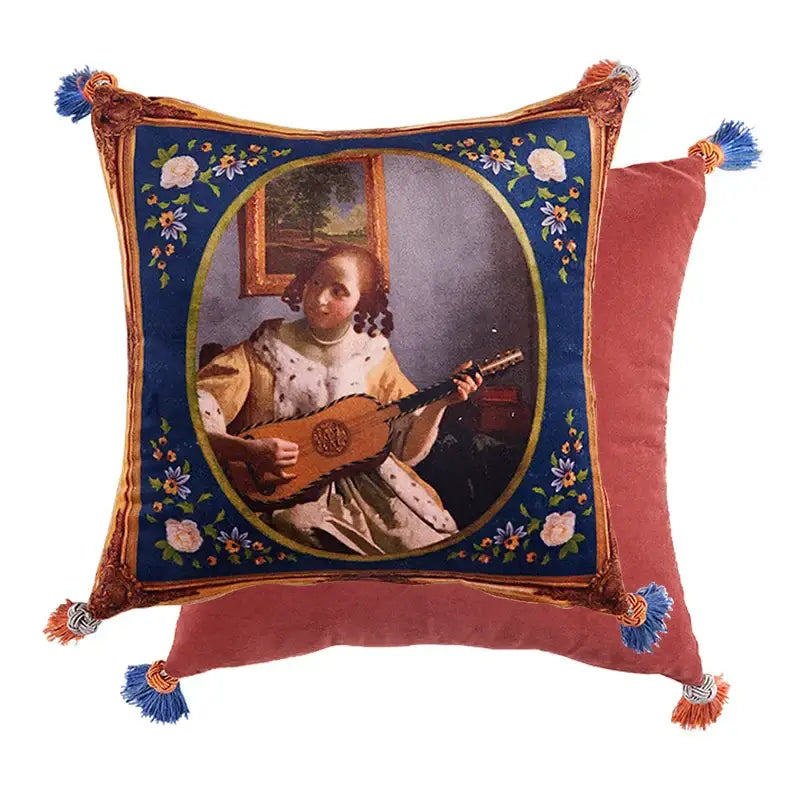 Pink cat print velvet throw pillow case with tassels living room