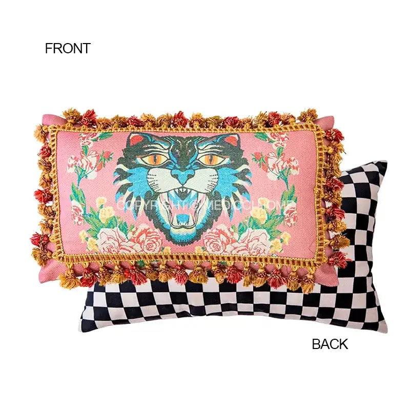 Pink cat print velvet throw pillow case with tassels living room
