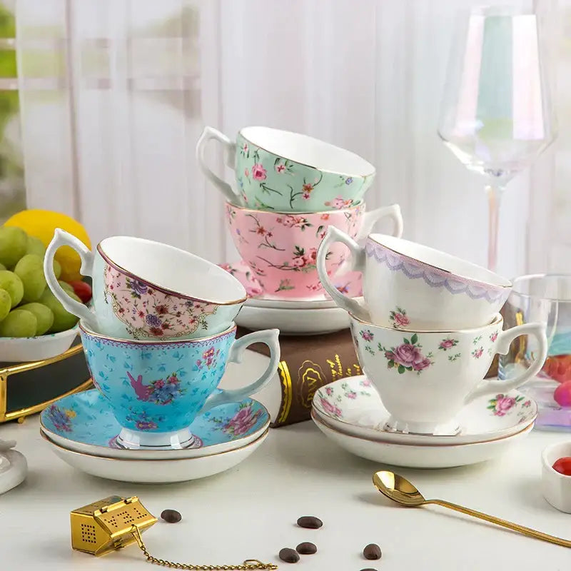 Pink floral bone china flower tea cup set dining room phnom penh trim