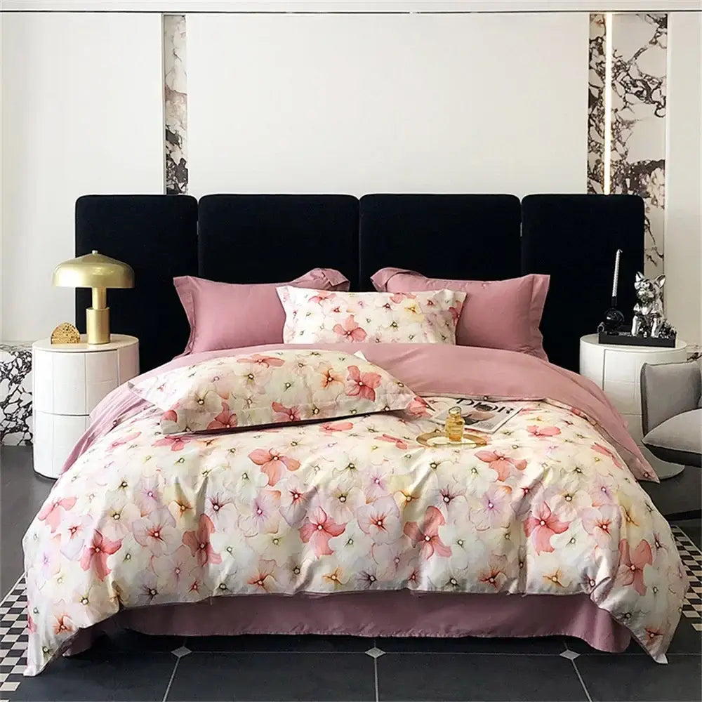 Pink floral satin egyptian cotton bedding set bedroom decor