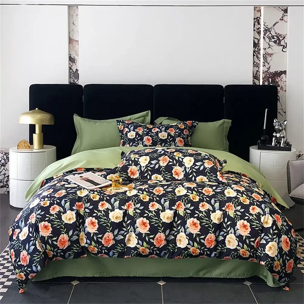 Pink floral satin egyptian cotton bedding set bedroom decor