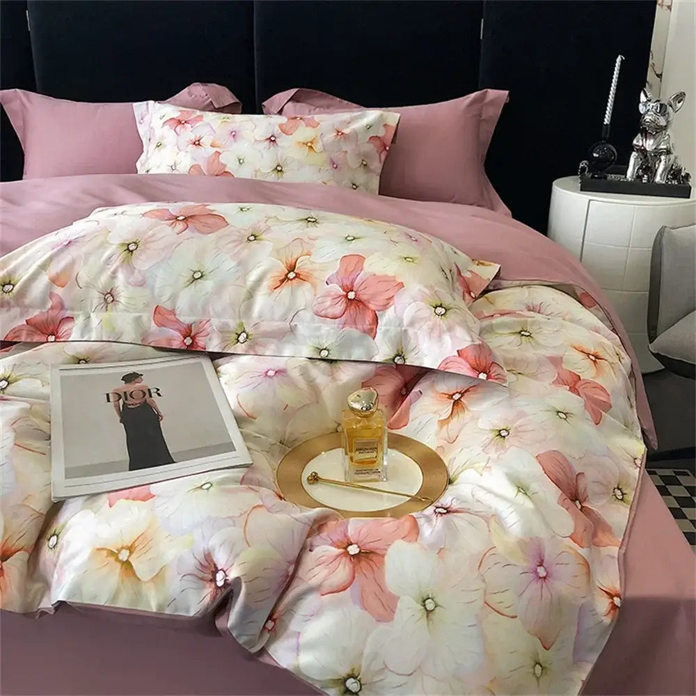 Pink floral satin egyptian cotton bedding set bedroom decor
