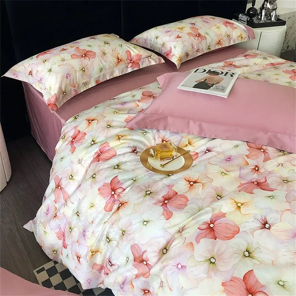 Pink floral satin egyptian cotton bedding set bedroom decor