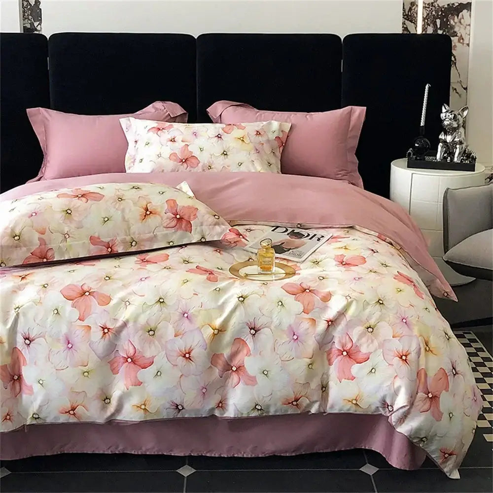 Pink floral satin egyptian cotton bedding set bedroom decor