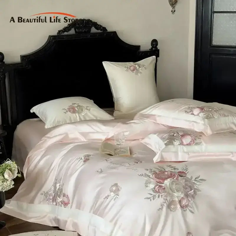 Pink flowers embroidery bedding set pink & gray satin bedroom duvet