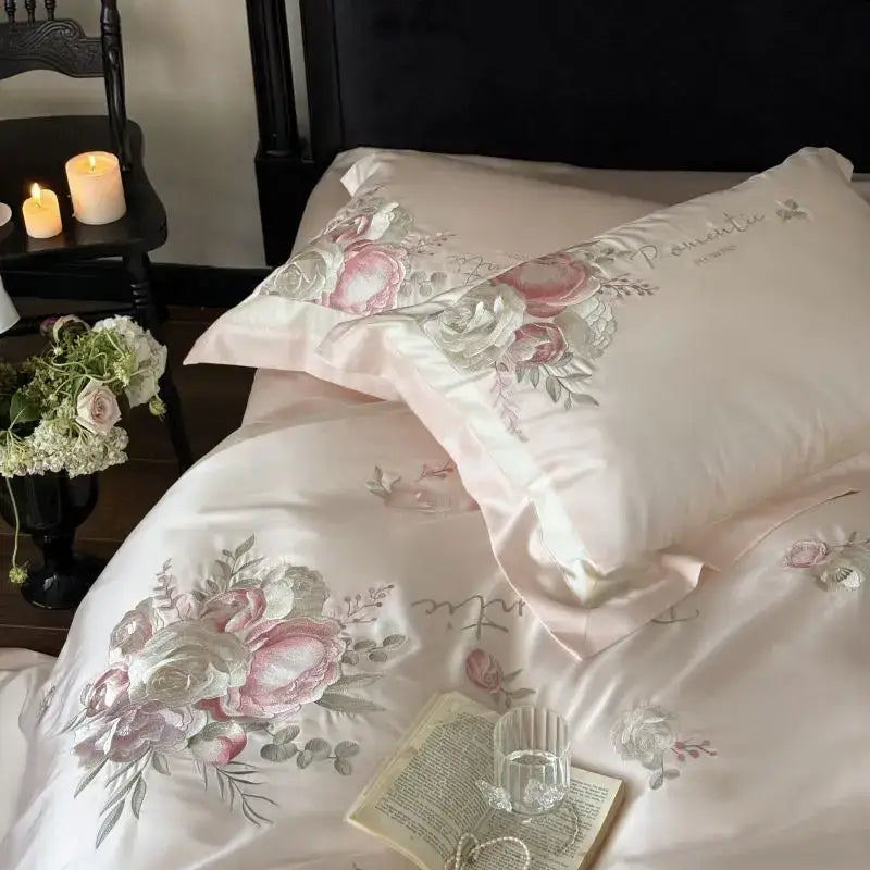Pink flowers embroidery bedding set pink & gray satin bedroom duvet