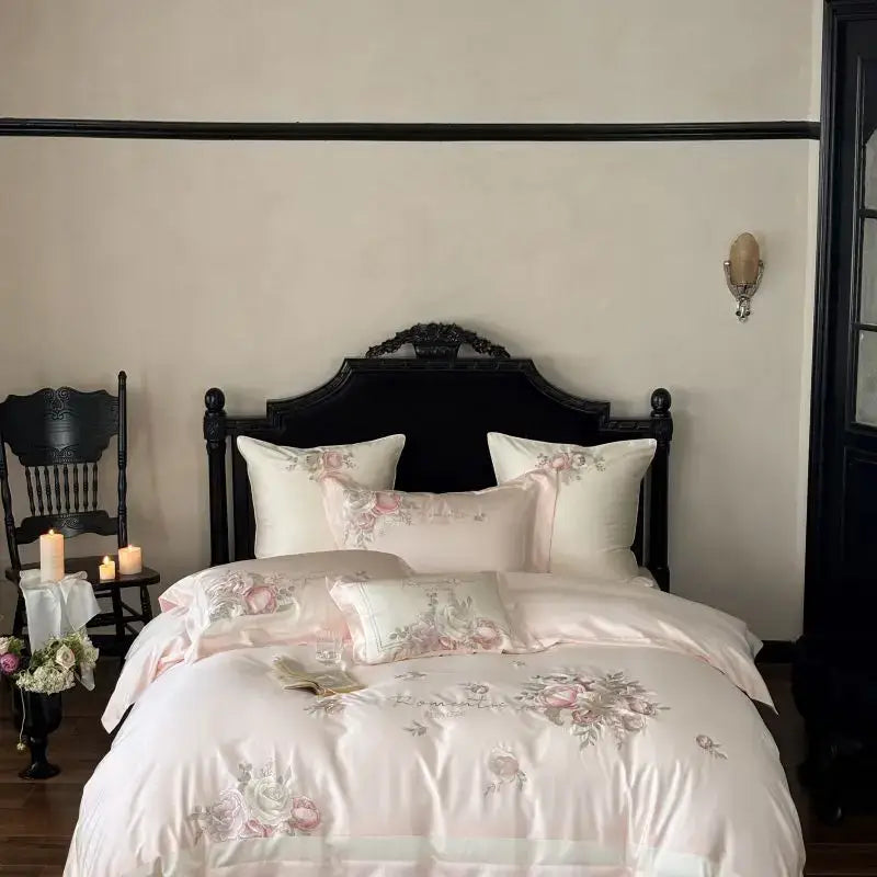 Pink flowers embroidery bedding set pink & gray satin bedroom duvet