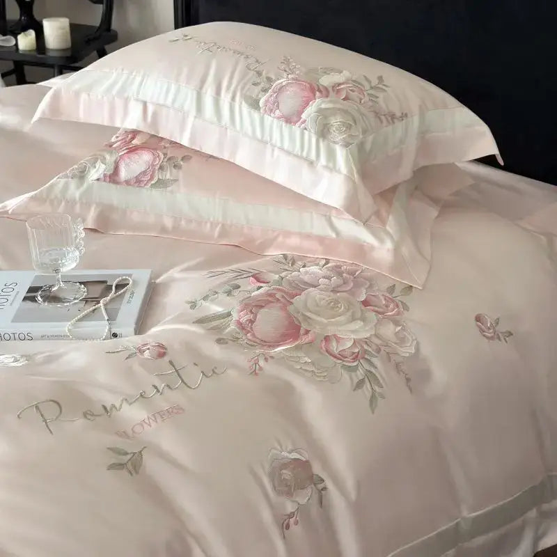 Pink flowers embroidery bedding set pink & gray satin bedroom duvet