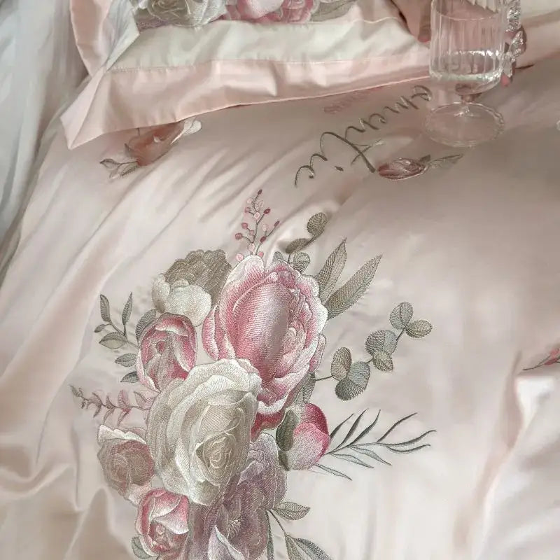 Pink flowers embroidery bedding set pink & gray satin bedroom duvet
