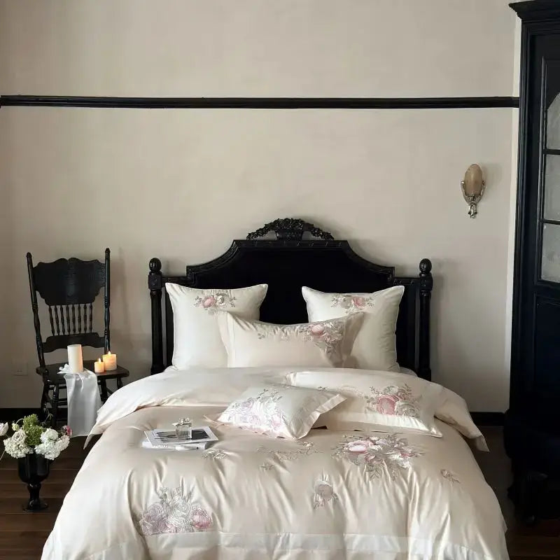 Pink flowers embroidery bedding set pink & gray satin bedroom duvet