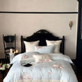 Pink flowers embroidery bedding set pink & gray satin bedroom duvet