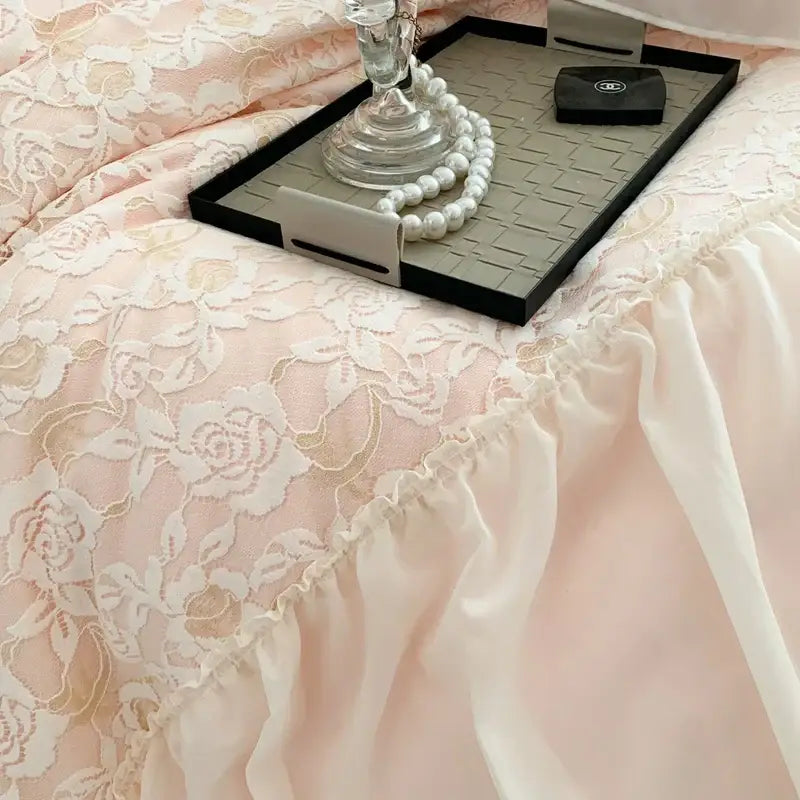 Pink french princess bedding set – bedroom lace ruffle decor