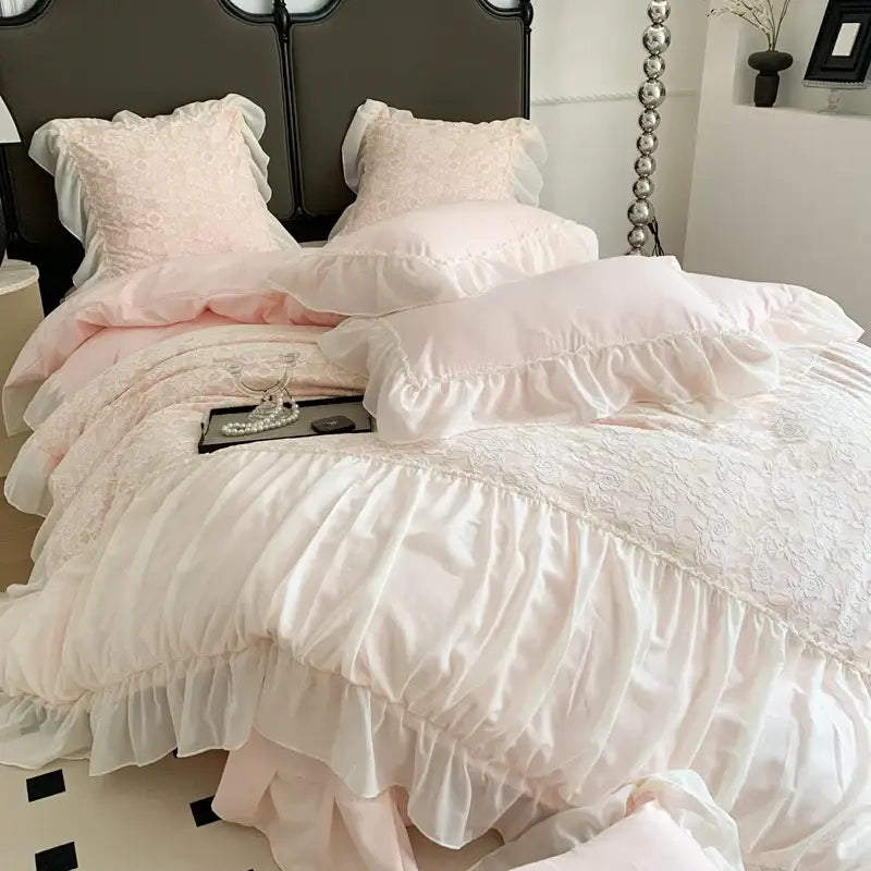 Pink french princess bedding set – bedroom lace ruffle decor
