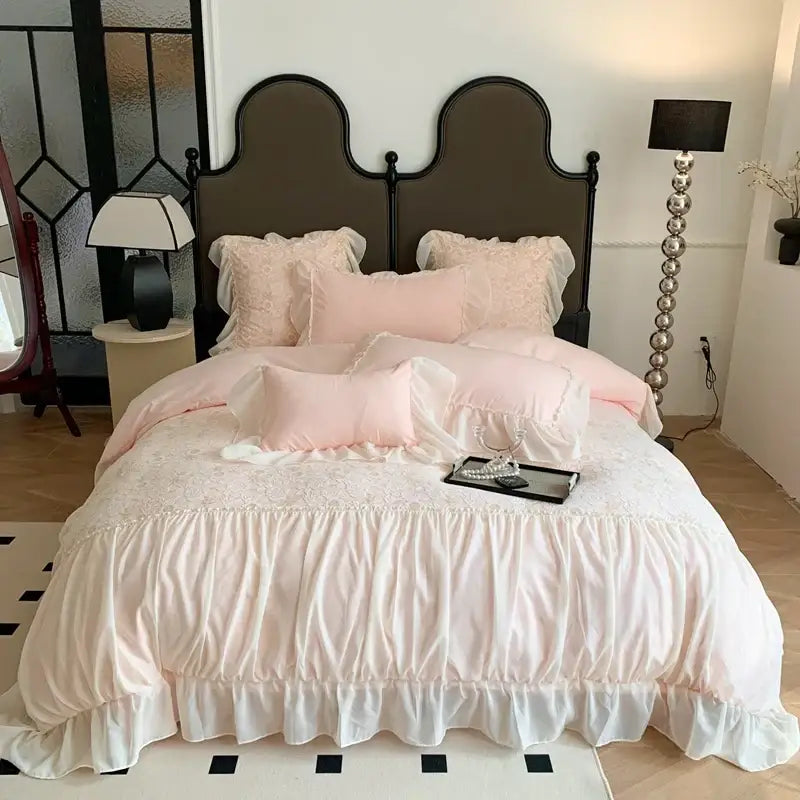 Pink french princess bedding set – bedroom lace ruffle decor