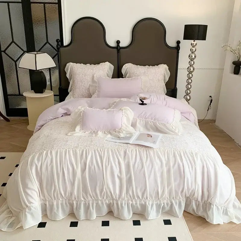 Pink french princess bedding set – bedroom lace ruffle decor