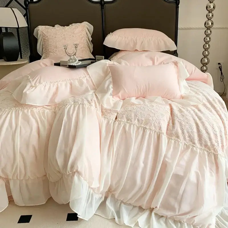 Pink french princess bedding set – bedroom lace ruffle decor
