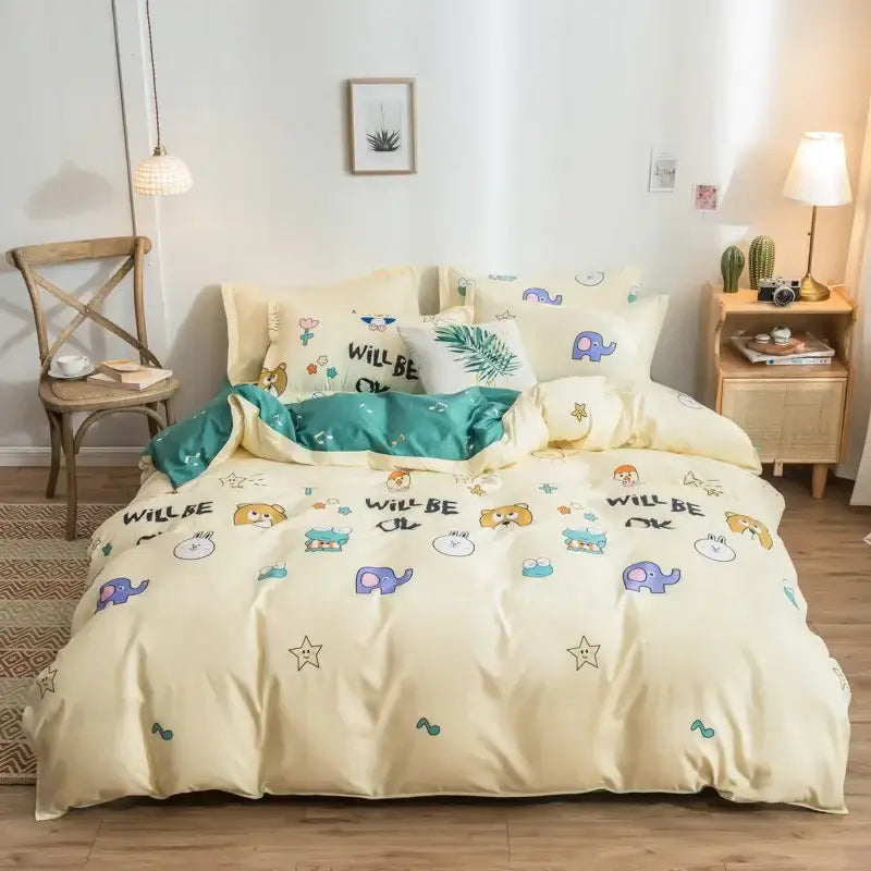 Pink heart cartoon print bedding set bedroom satin finish duvet cover