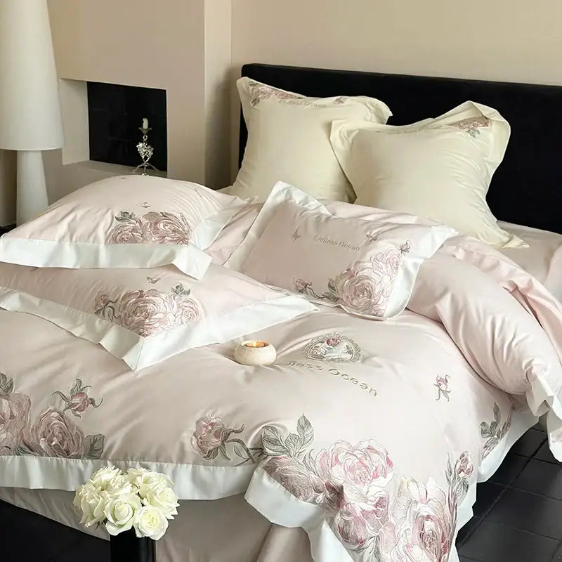 Pink & purple flowers embroidery bedding set bedroom egyptian cotton
