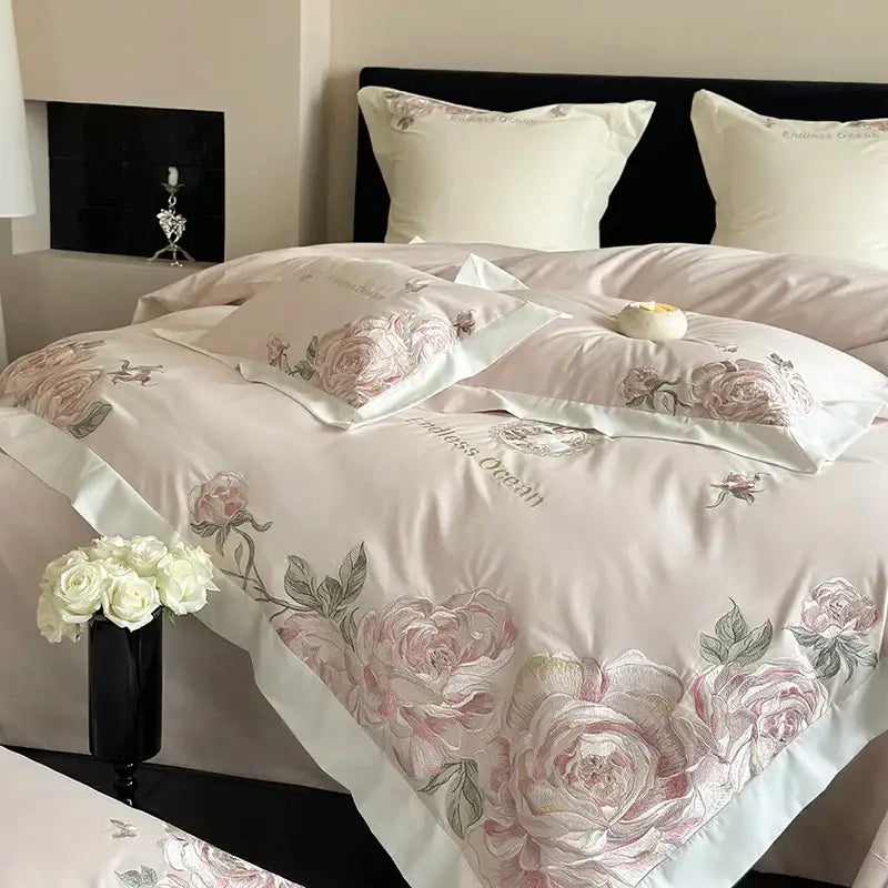 Pink & purple flowers embroidery bedding set bedroom egyptian cotton