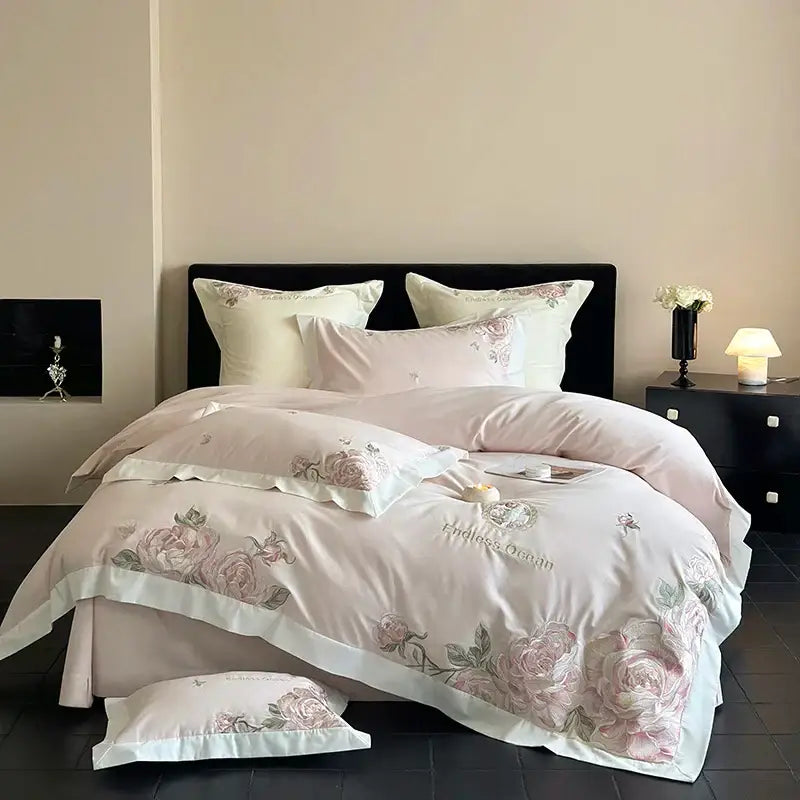 Pink & purple flowers embroidery bedding set bedroom egyptian cotton