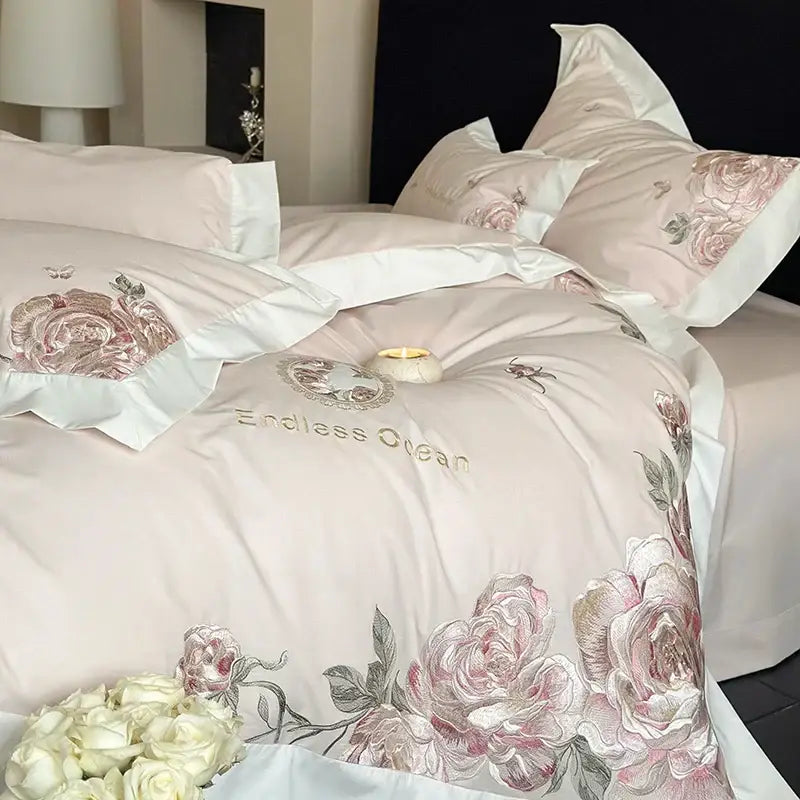 Pink & purple flowers embroidery bedding set bedroom egyptian cotton