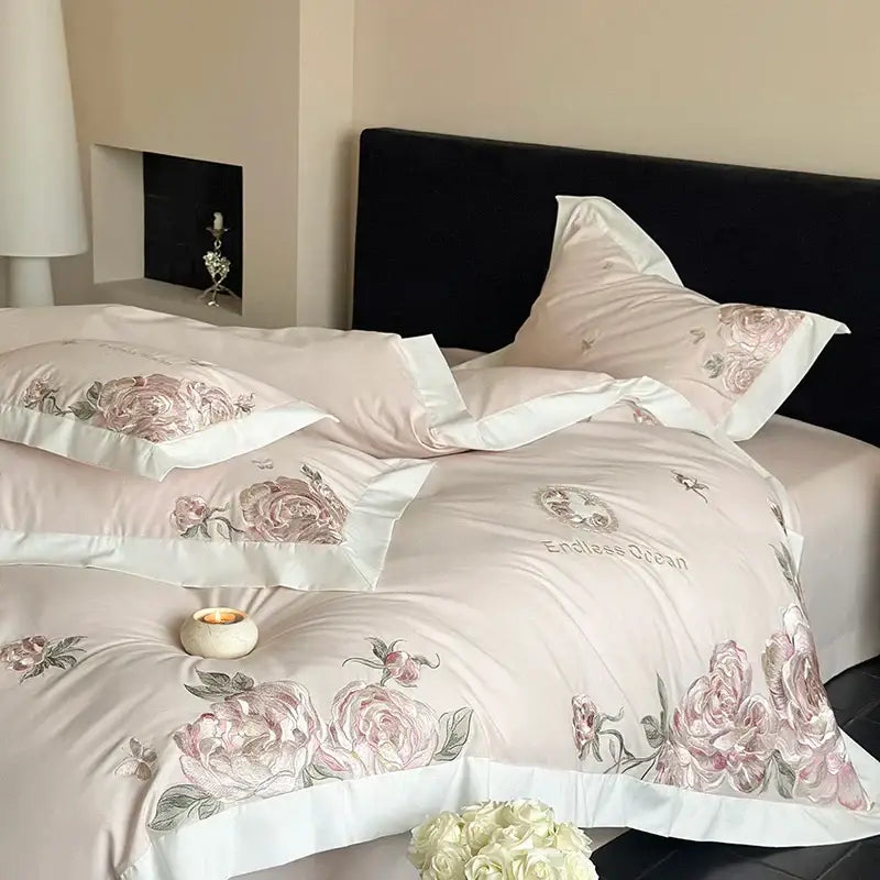 Pink & purple flowers embroidery bedding set bedroom egyptian cotton