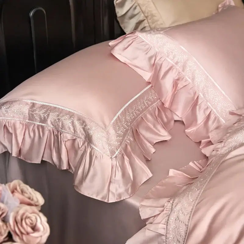 Pink satin 1000tc luxury embroidery bedding set bedroom ruffles