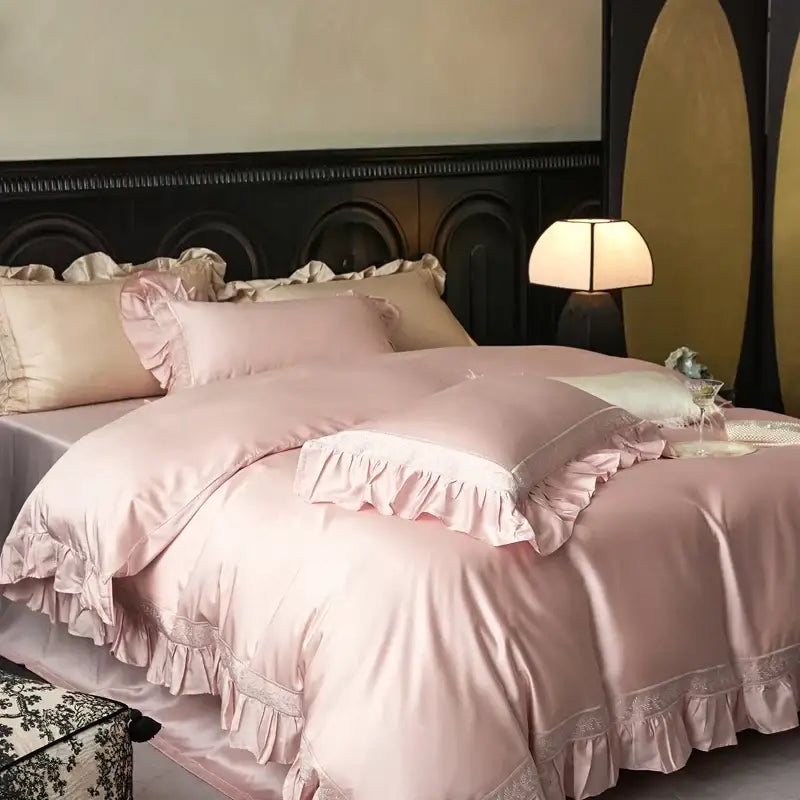 Pink satin 1000tc luxury embroidery bedding set bedroom ruffles
