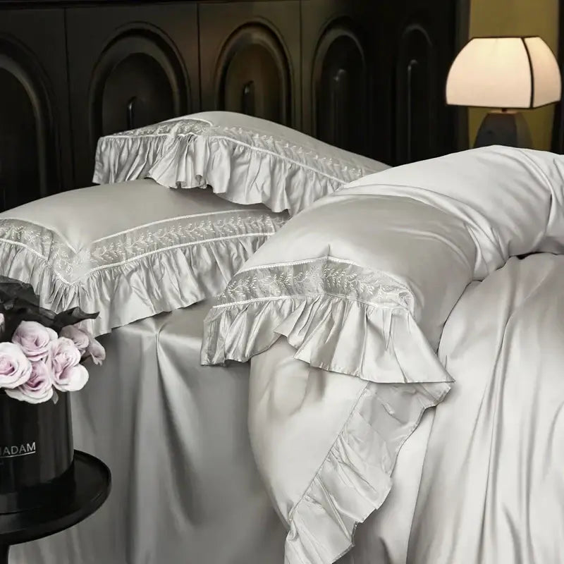 Pink satin 1000tc luxury embroidery bedding set bedroom ruffles