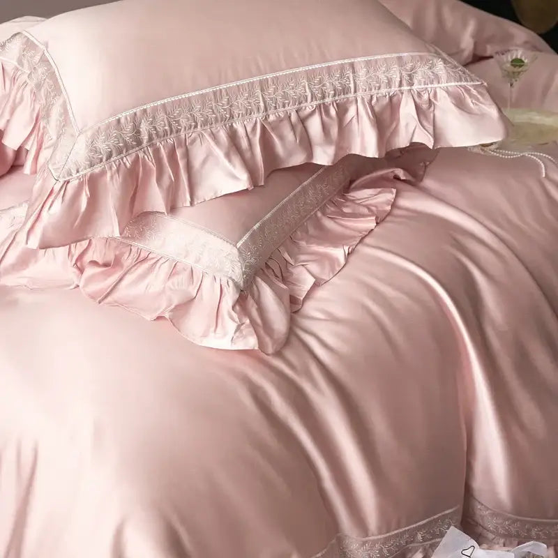 Pink satin 1000tc luxury embroidery bedding set bedroom ruffles