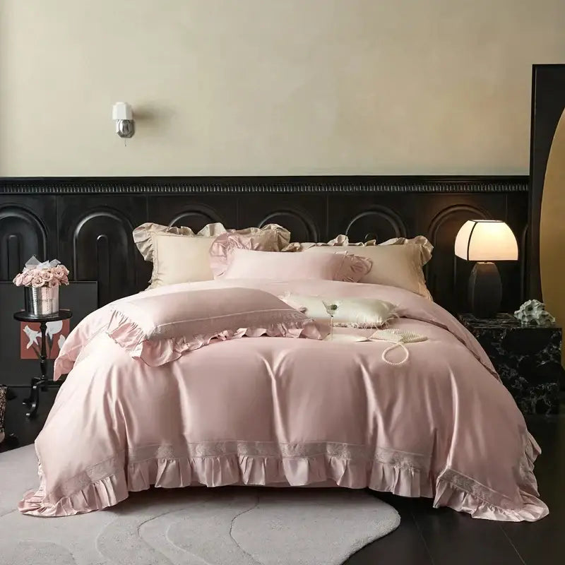 Pink satin 1000tc luxury embroidery bedding set bedroom ruffles